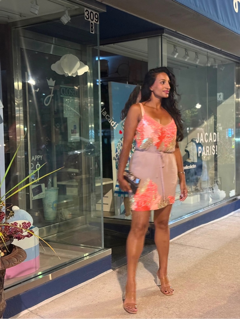 French Connection Coral Pink Sequin Mini Skirt with Blush Panel